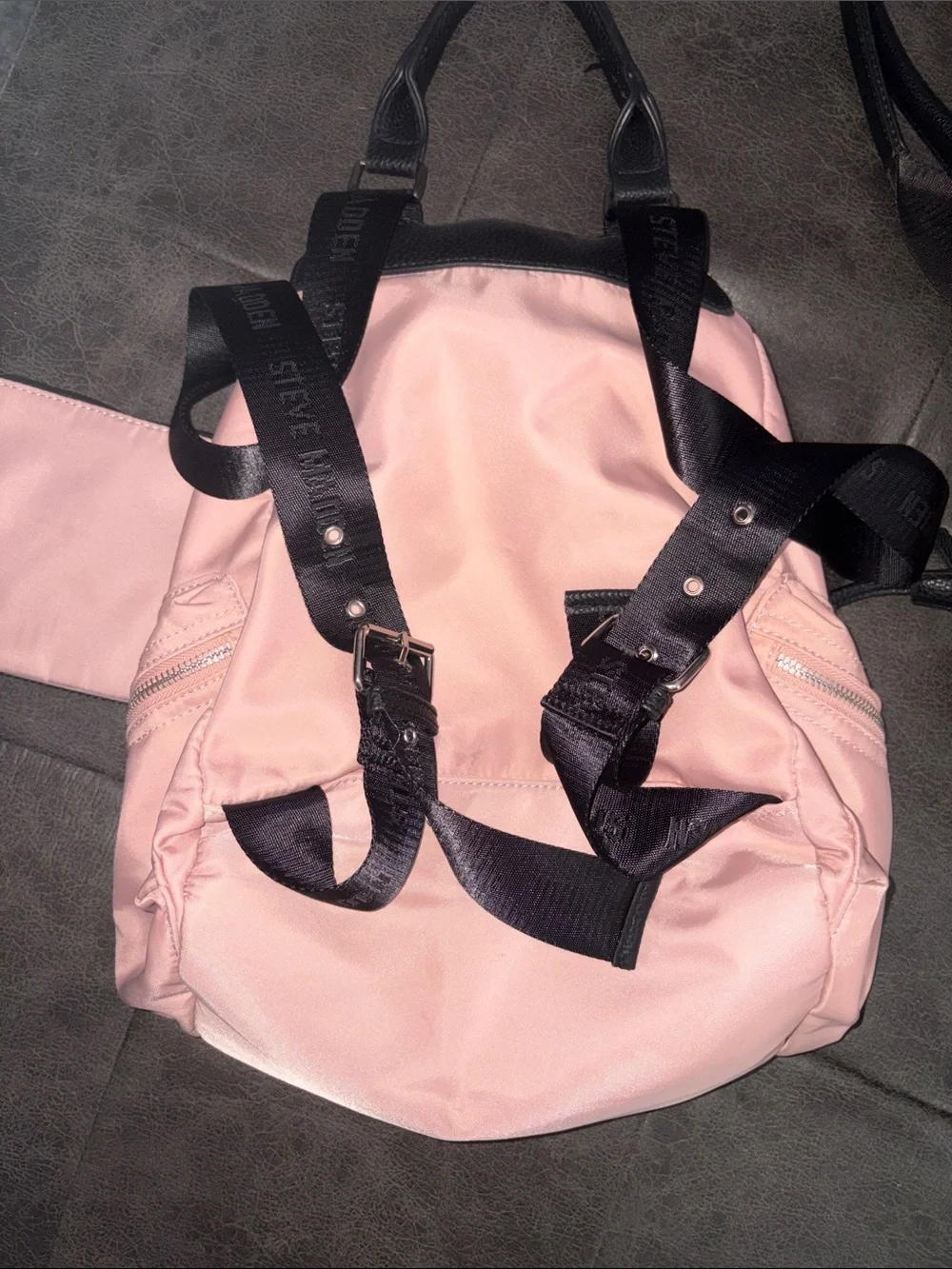 Steve Madden Pink Backpack with Black Trim and Buckle Details